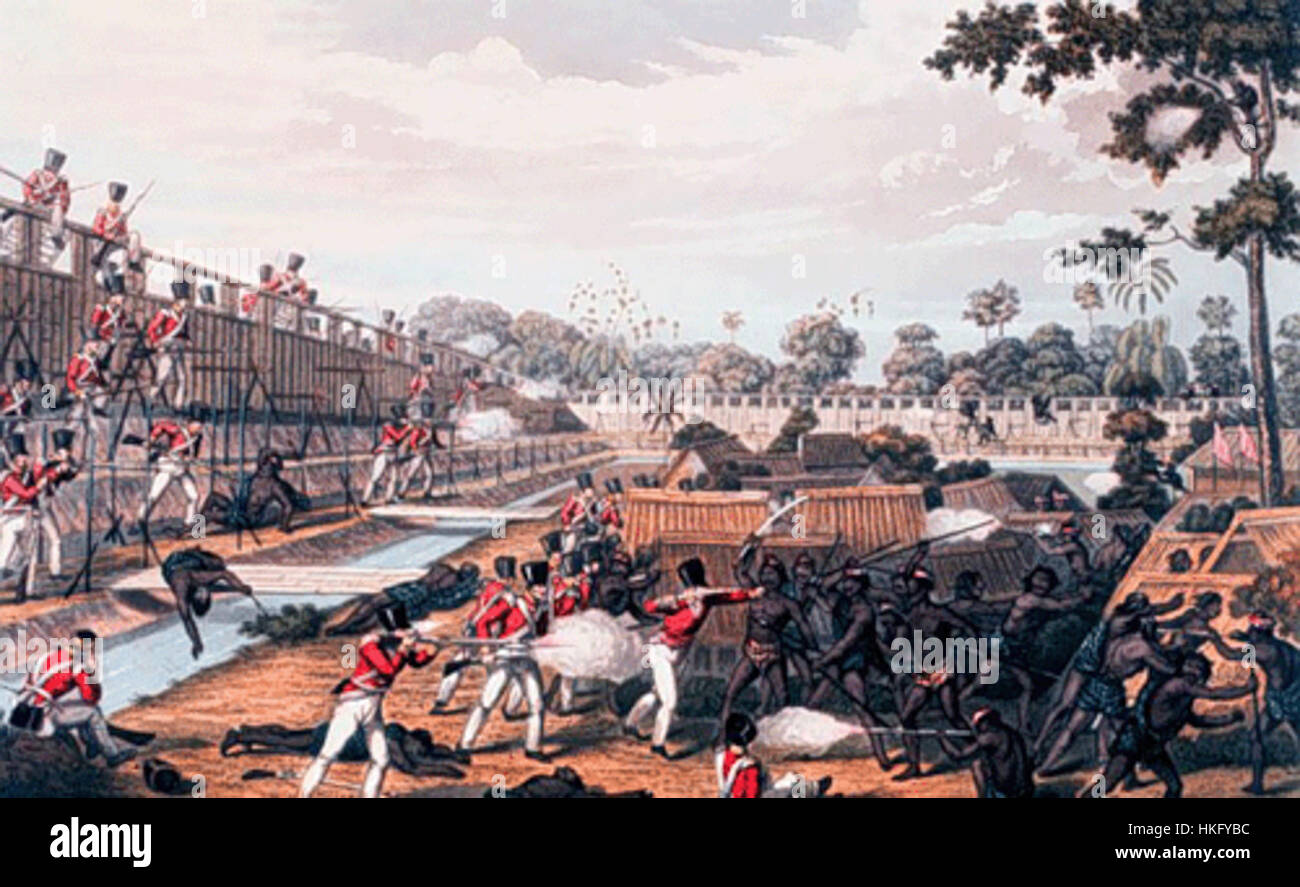 L'attacco britannico in Birmania nel 1824, raffigurato in questo dipinto, mostra le prime fasi della prima guerra anglo-birmana. Essa mette in evidenza la strategia militare e l'impegno tra le forze britanniche e l'esercito birmano durante il conflitto. Foto Stock