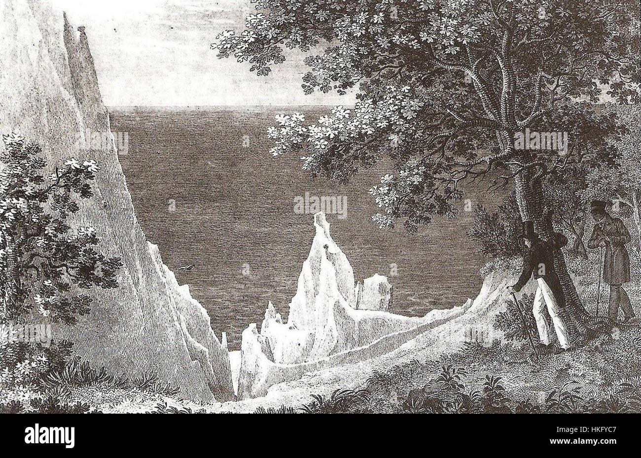 Un'incisione in acciaio dello Stubbenkammer, una famosa formazione rocciosa sull'isola di Rügen, in Germania. Il pezzo offre un'interpretazione storica e artistica di questo punto di riferimento naturale. Foto Stock