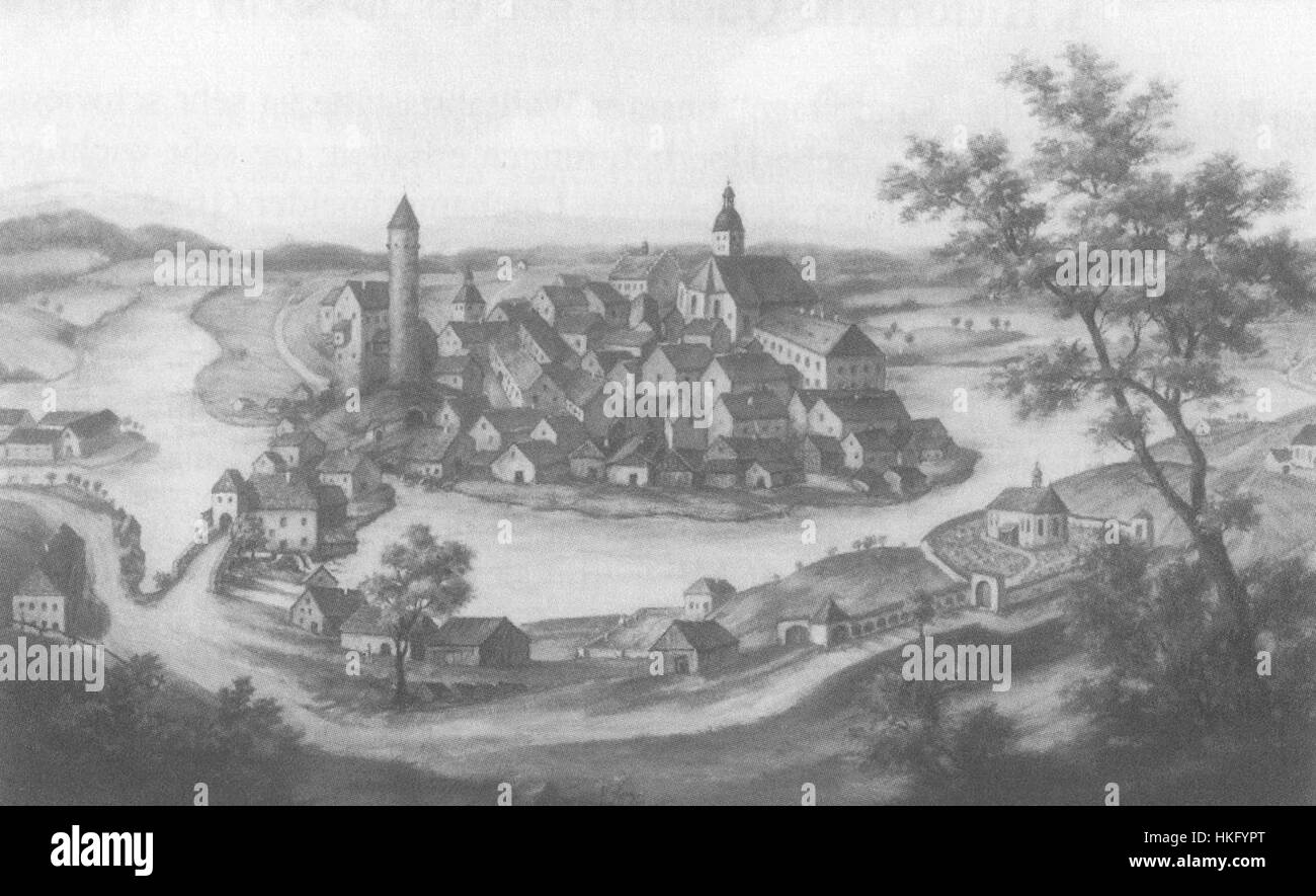 *Ansicht Tirschenreuth Zwerenz* è un dipinto storico che raffigura una vista panoramica di Tirschenreuth in Baviera, Germania. Le opere d'arte catturano l'essenza della città con la sua architettura caratteristica, il paesaggio rurale e l'ambiente naturale circostante. Il dipinto funge da preziosa testimonianza visiva dell'area durante il XIX secolo, fornendo una visione dell'aspetto della città durante quel periodo. Foto Stock *Ansicht Tirschenreuth Zwerenz* è un dipinto storico che raffigura una vista panoramica di Tirschenreuth in Baviera, Germania. Le opere d'arte catturano l'essenza della città con la sua architettura caratteristica, il paesaggio rurale e l'ambiente naturale circostante. Il dipinto funge da preziosa testimonianza visiva dell'area durante il XIX secolo, fornendo una visione dell'aspetto della città durante quel periodo. Foto Stock