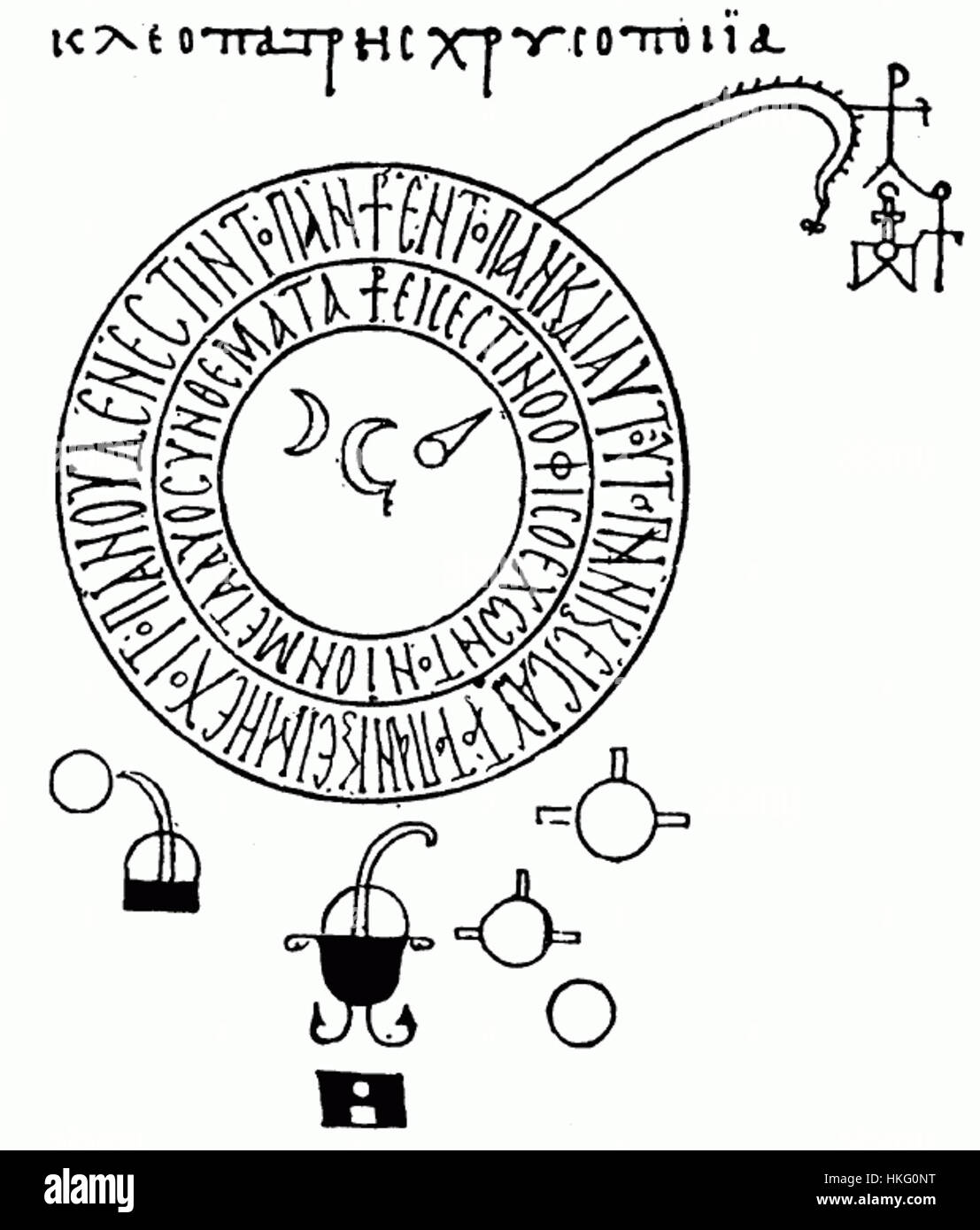 La Chrysopoea di Cleopatra, un manoscritto filosofico e alchemico, mostra il processo mitico di trasmutazione in alchimia. Il lavoro incarna la ricerca di trasformare i materiali di base in oro, simboleggiando l'illuminazione spirituale. Foto Stock