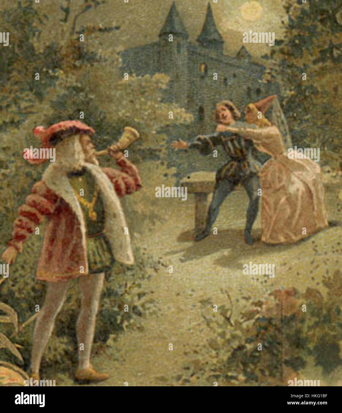 Un dipinto che raffigura il momento del quarto atto di 'Hernani' di Victor Hugo, dove Silva suona un corno per evocare i personaggi, catturando la tensione e l'emozione della scena drammatica. Foto Stock