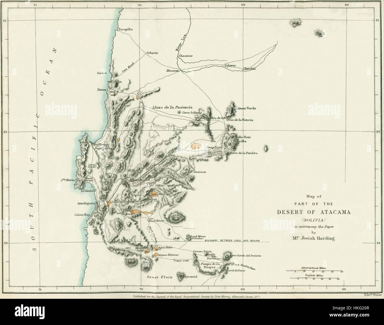 Questa mappa del 1877 della regione di Antofagasta illustra le caratteristiche geografiche e storiche della zona in quel momento. La mappa fornisce informazioni sul paesaggio e la topografia della regione durante la fine del XIX secolo. Foto Stock