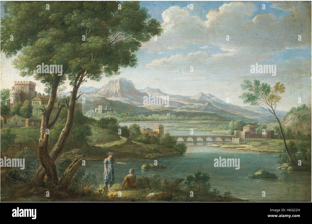 Un paesaggio dipinto da Hendrik Frans van Lint, raffigurante una scena italiana con figure che riposano vicino a una fortezza. Lo sfondo presenta un ponte e montagne lontane, che mostrano lo stile caratteristico dell'artista di combinare l'architettura con il paesaggio naturale. Foto Stock