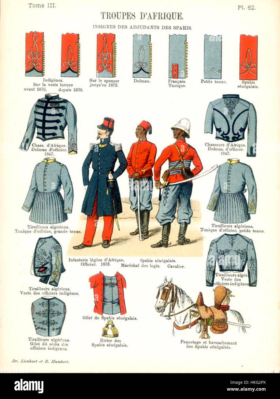 "Spahis Troupes d'Afrique" raffigura gli storici reggimenti di cavalleria africani, spesso indicati come "Spahis", che prestarono servizio nell'esercito francese durante il XIX e XX secolo. Queste unità, originarie dell'Algeria, svolsero un ruolo chiave nelle operazioni militari coloniali in Nord Africa e nelle regioni mediterranee. Le opere d'arte catturano le loro distintive uniformi e abilità equestri. Foto Stock