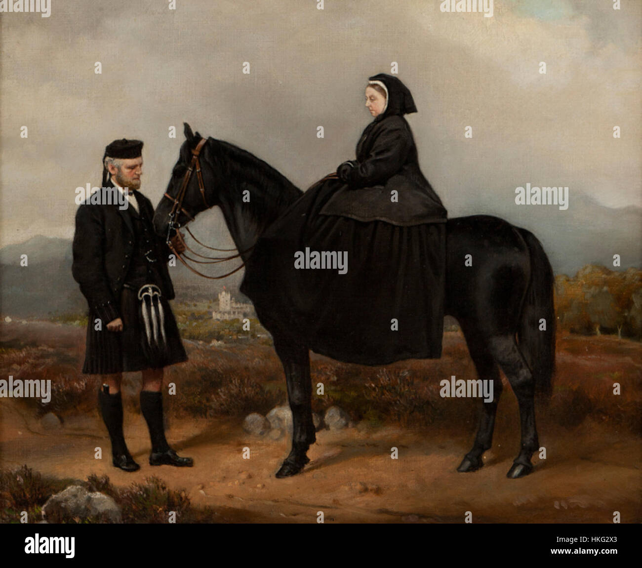 Questo dipinto del XIX secolo raffigura la regina Vittoria con il suo stretto compagno, John Brown. L'intima rappresentazione riflette la loro relazione ben documentata durante gli ultimi anni del regno della regina Vittoria, che fu segnata da compagnia personale tra i doveri reali. Foto Stock