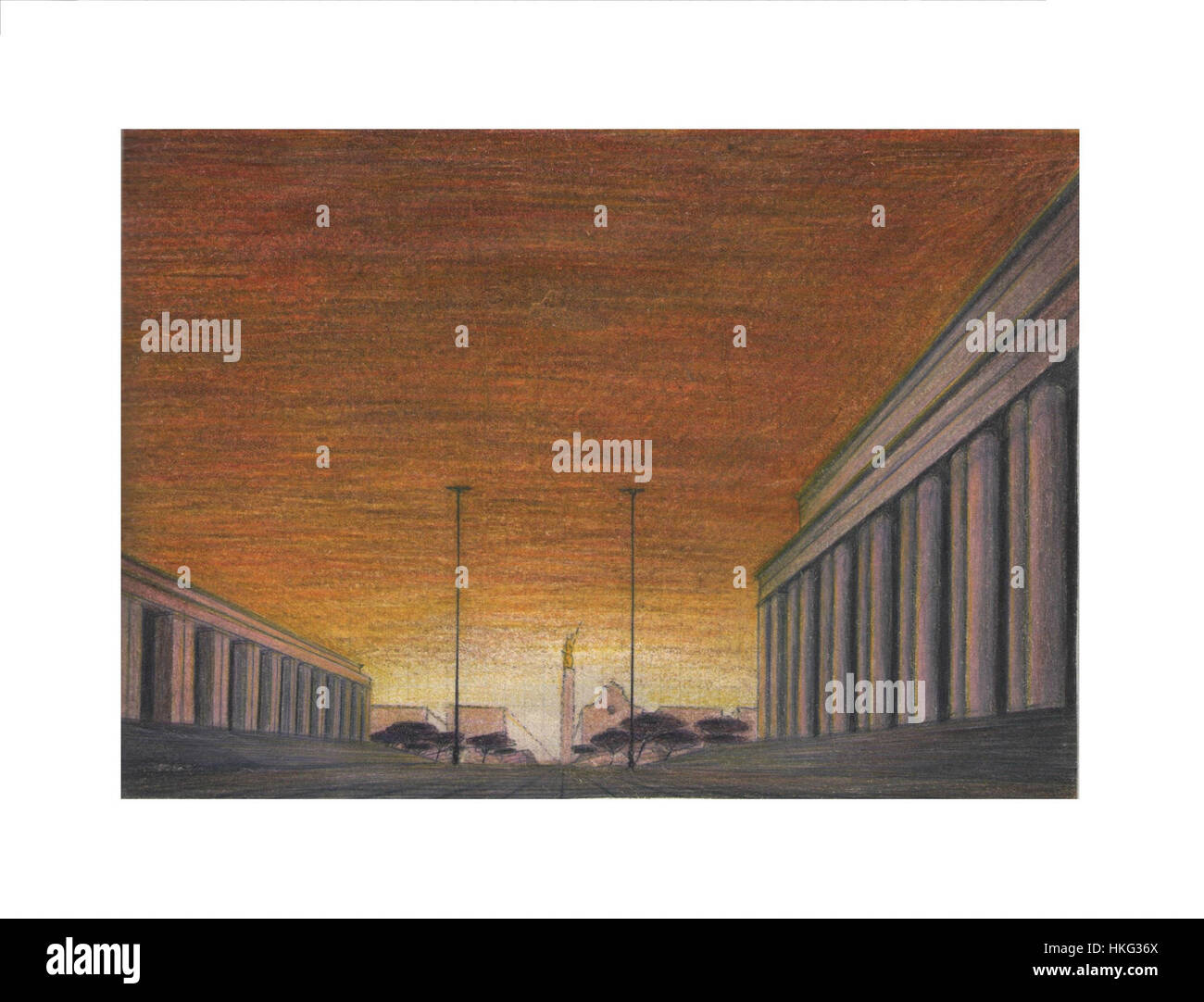 Piazza d'Italia di Arnaldo dell'Ira cattura l'iconica Piazza dei Cinquecento a Roma. Dipinto all'inizio del XX secolo, il pezzo mostra l'attenzione del dell'Ira sui paesaggi urbani, mescolando elementi modernisti con l'architettura storica. Il dipinto riflette l'evoluzione del paesaggio urbano di Roma durante quest'epoca. Foto Stock