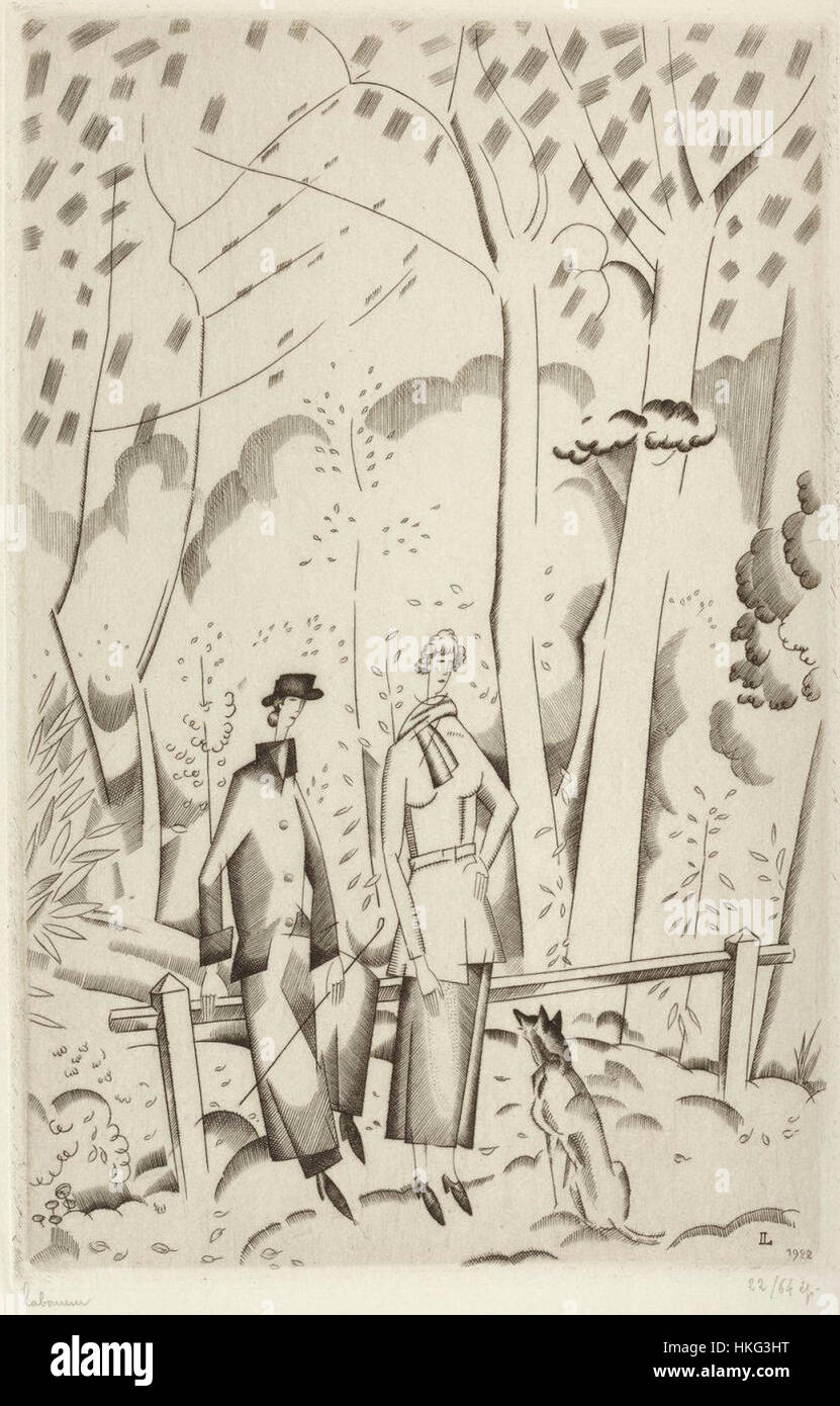 «EN foret» (1922) è un dipinto ad olio che cattura una tranquilla scena forestale. L'opera mette in evidenza la maestria dell'artista nella luce e nell'ombra, raffigurando la natura nella sua forma serena e incontaminata. Foto Stock