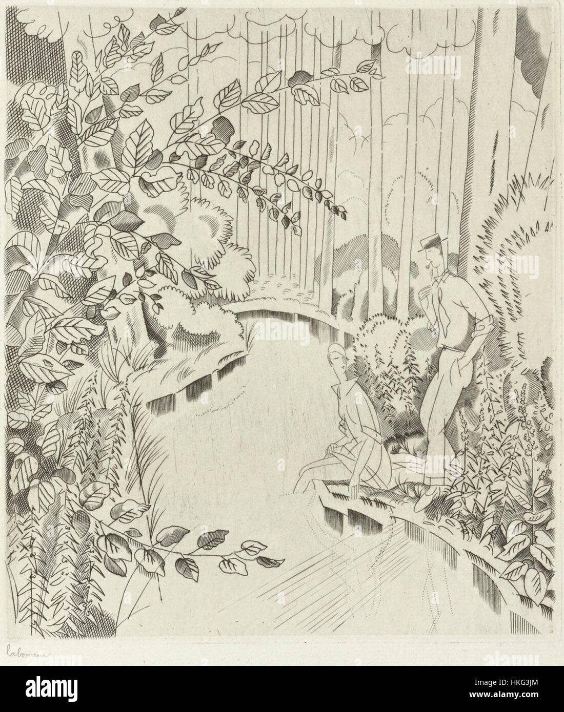 'Le ruisseau sousbois' (il torrente nel sottobosco) è un dipinto ad olio del 1927 che mostra un tranquillo flusso che scorre attraverso fitti boschi. L'uso della luce e dell'ombra da parte dell'artista riflette la tranquillità della natura, catturando l'essenza di un momento tranquillo in un ambiente forestale. Foto Stock