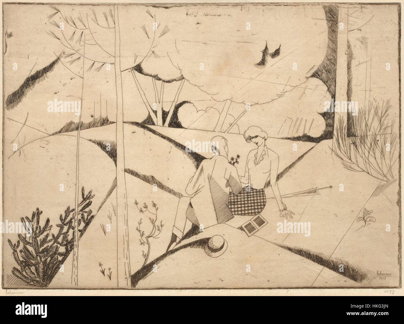 Les Amants du Bois (gli amanti della foresta), un dipinto del 1913, ritrae una scena romantica ambientata all'interno di una foresta. L'uso della luce e dei colori esalta l'atmosfera intima e onirica dell'opera d'arte, catturando un momento di amore e connessione con la natura. Foto Stock