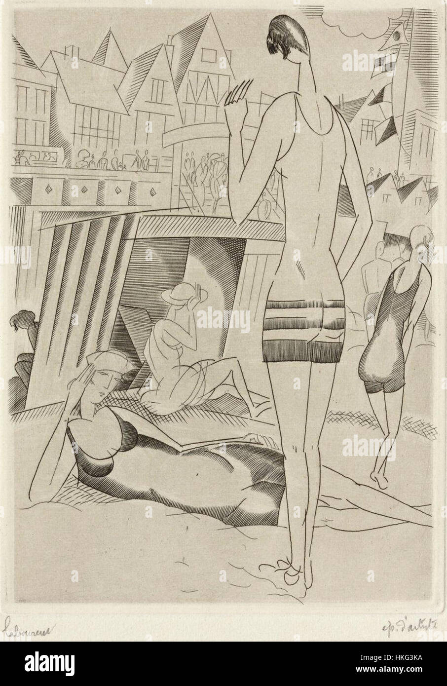 Questo dipinto intitolato "Plage 1928" è un esempio di arte costiera francese dell'inizio del XX secolo, raffigurante una tranquilla scena di spiaggia. I colori tenui e l'atmosfera rilassata riflettono la piacevole natura della vita da spiaggia francese durante questo periodo. Foto Stock