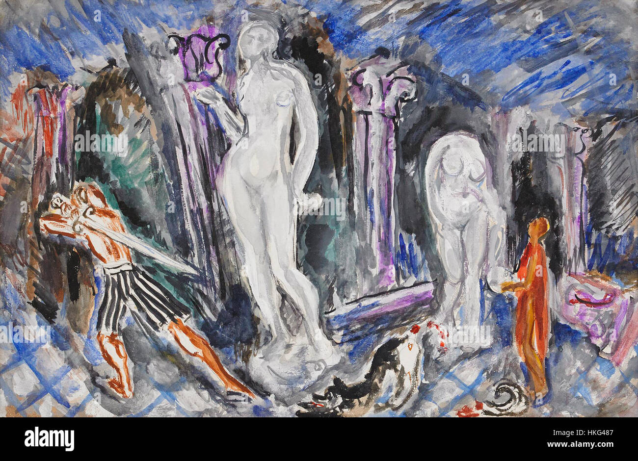 Le "Alkibades" di Nils Dardel sono un suggestivo dipinto ad olio che cattura la figura greca classica, Alcibiade, attraverso la lente espressionista moderna dell'artista. Dardel, noto per il suo stile unico che fonde modernismo e temi classici, infonde il lavoro con colori vivaci e composizione dinamica. Il ritratto si erge come un'interpretazione dell'iconica figura antica. Foto Stock