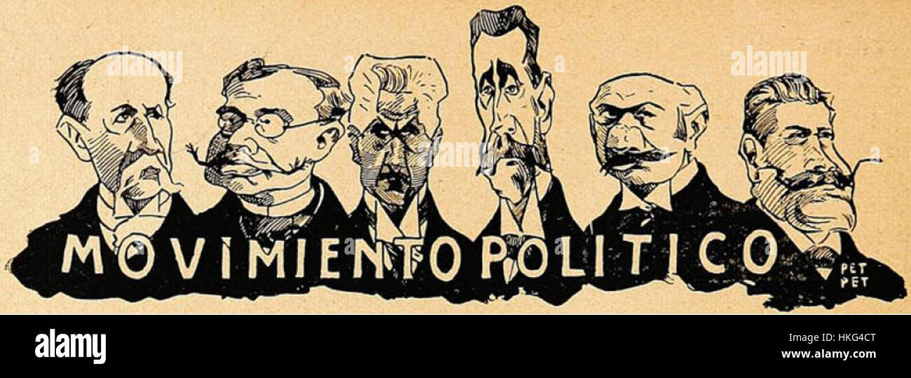 Questa caricatura del 1906 illustra i candidati presidenziali cileni in modo umoristico e satirico, catturando il clima politico del Cile dei primi anni del XX secolo attraverso l'arte. Foto Stock