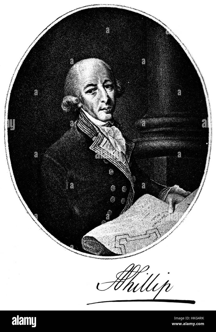 Questo ritratto di Arthur Phillip, il primo governatore del nuovo Galles del Sud, mostra il suo ruolo significativo nella storia coloniale dell'Australia. Il dipinto mette in evidenza la sua dignitosa leadership durante l'istituzione del primo insediamento europeo in Australia nel 1788. Foto Stock