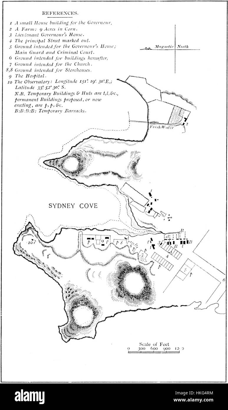 Questo schizzo del 1788, attribuito all'ammiraglio Arthur Phillip, raffigura Sydney Cove e Port Jackson, catturando un momento cruciale nei primi insediamenti australiani. L'opera mette in risalto il paesaggio naturale e la prima architettura coloniale. Foto Stock