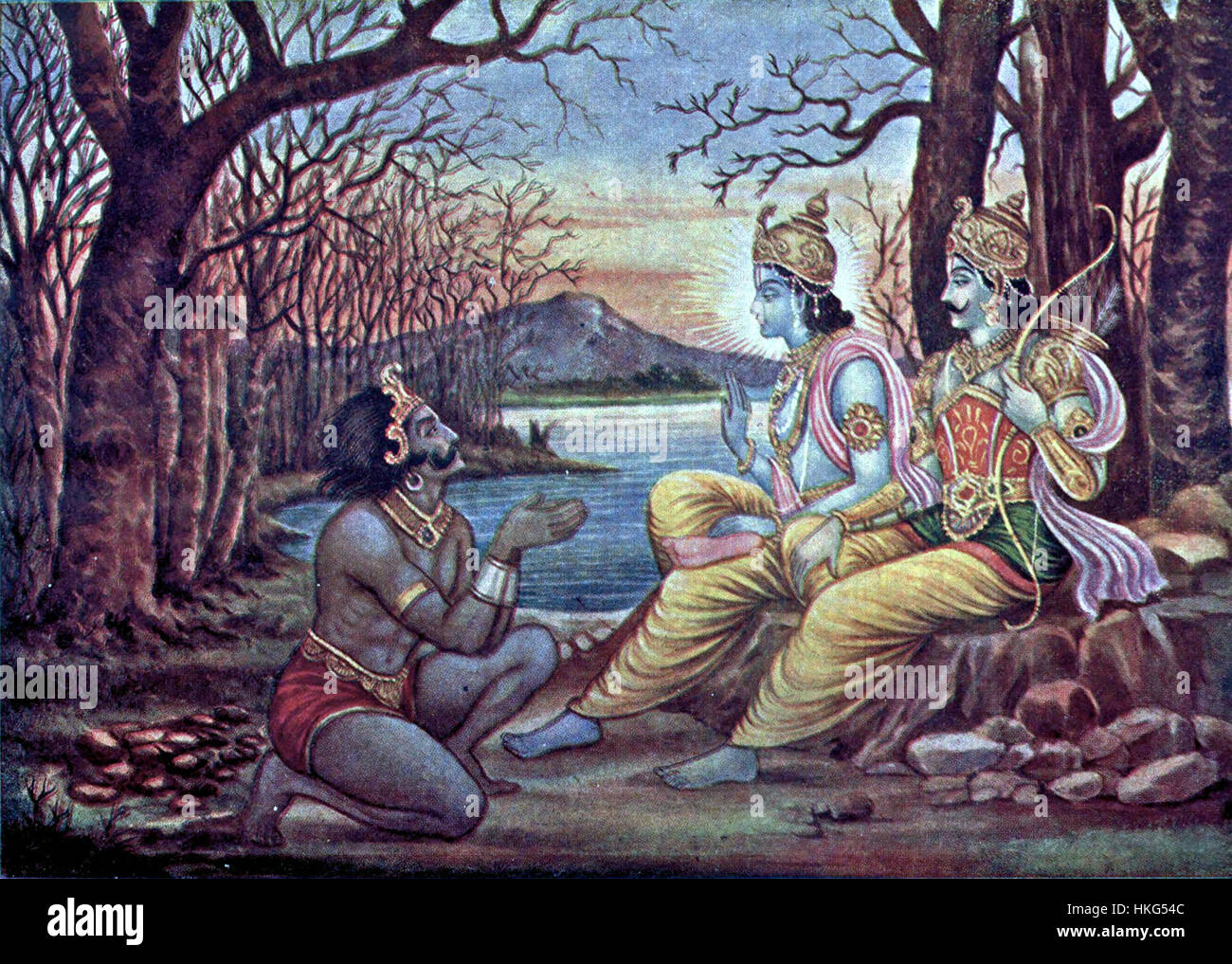 Questo dipinto raffigura il momento del Mahabharata, dove Lord Krishna istruisce l'architetto demone Mayasura a costruire un grande palazzo per i Pandava. La scena illustra un episodio chiave dell'epico, mostrando l'intervento divino e la meraviglia architettonica. Foto Stock