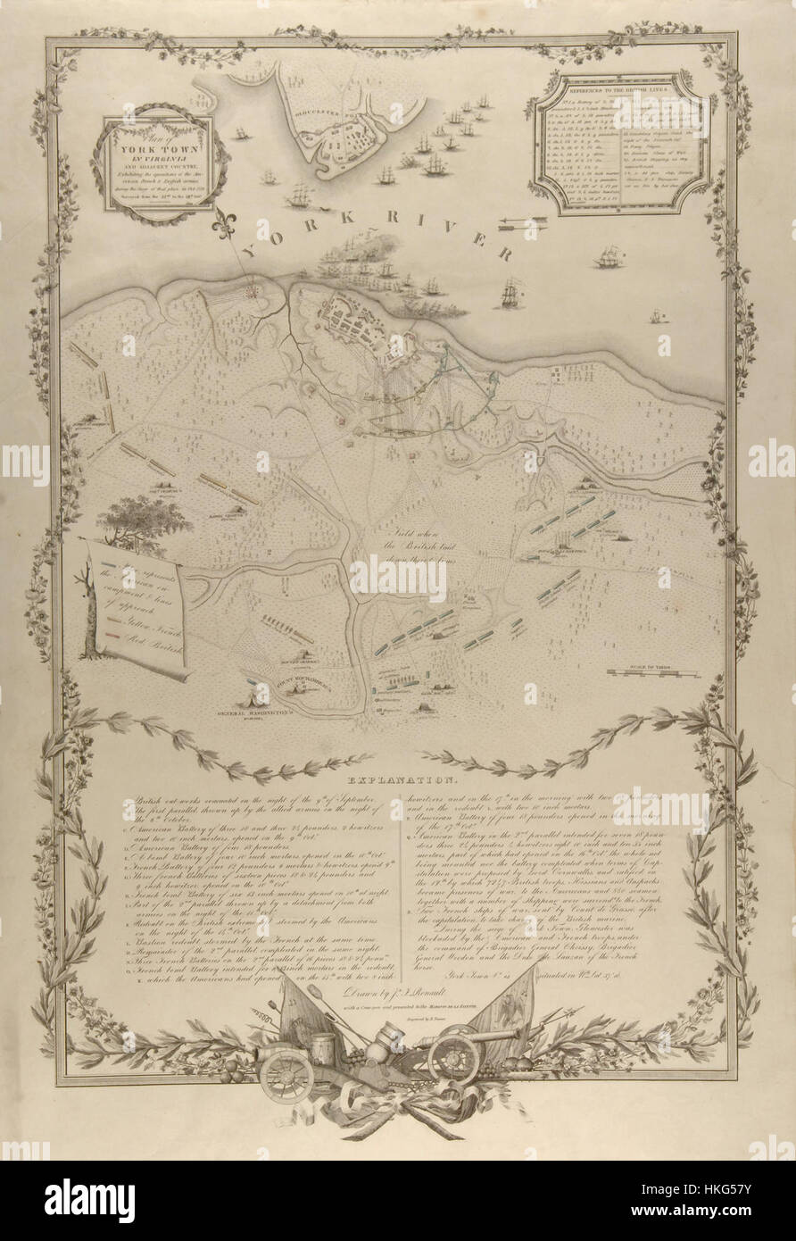 Questa mappa illustra le operazioni militari durante l'assedio di Yorktown nell'ottobre 1781, un momento cruciale della guerra di indipendenza americana. La mappa descrive in dettaglio le posizioni delle forze americane, francesi e britanniche durante l'assedio, portando alla resa britannica e ad un punto di svolta nella guerra. Foto Stock