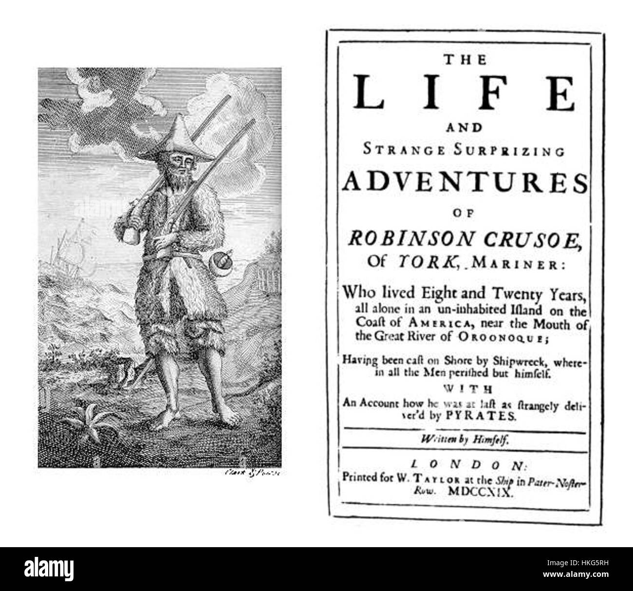 La prima edizione del 1719 del romanzo di Daniel Defoe "Robinson Crusoe" è un'opera chiave nella storia della letteratura inglese. Racconta la storia di un uomo bloccato su un'isola deserta, esplorando temi di sopravvivenza e avventura. Foto Stock