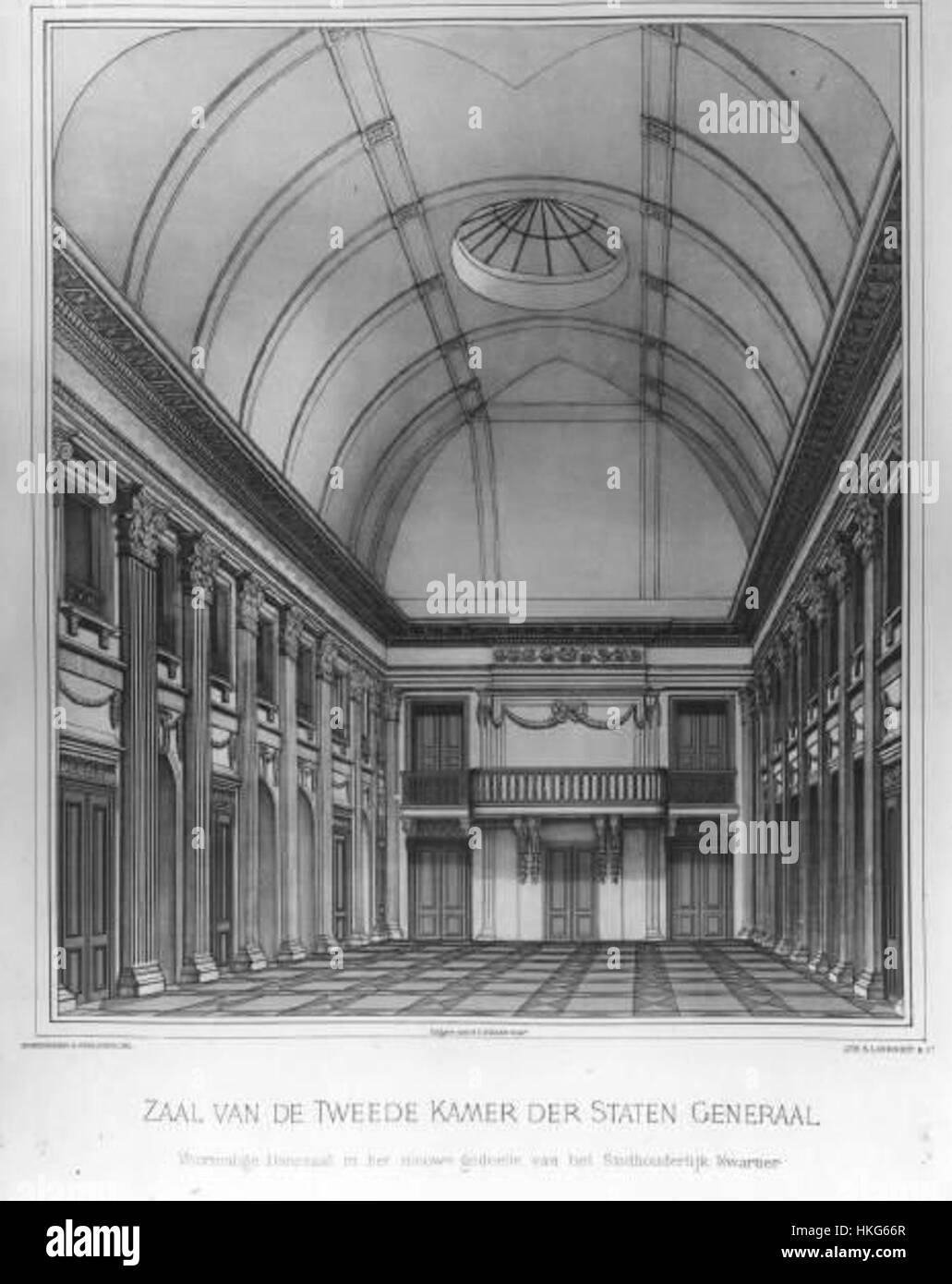 Questa opera d'arte mostra l'interno della sala riunioni nella seconda camera, parte del governo olandese a l'Aia. La sala riflette lo stile architettonico del tempo e il suo significato politico. Foto Stock