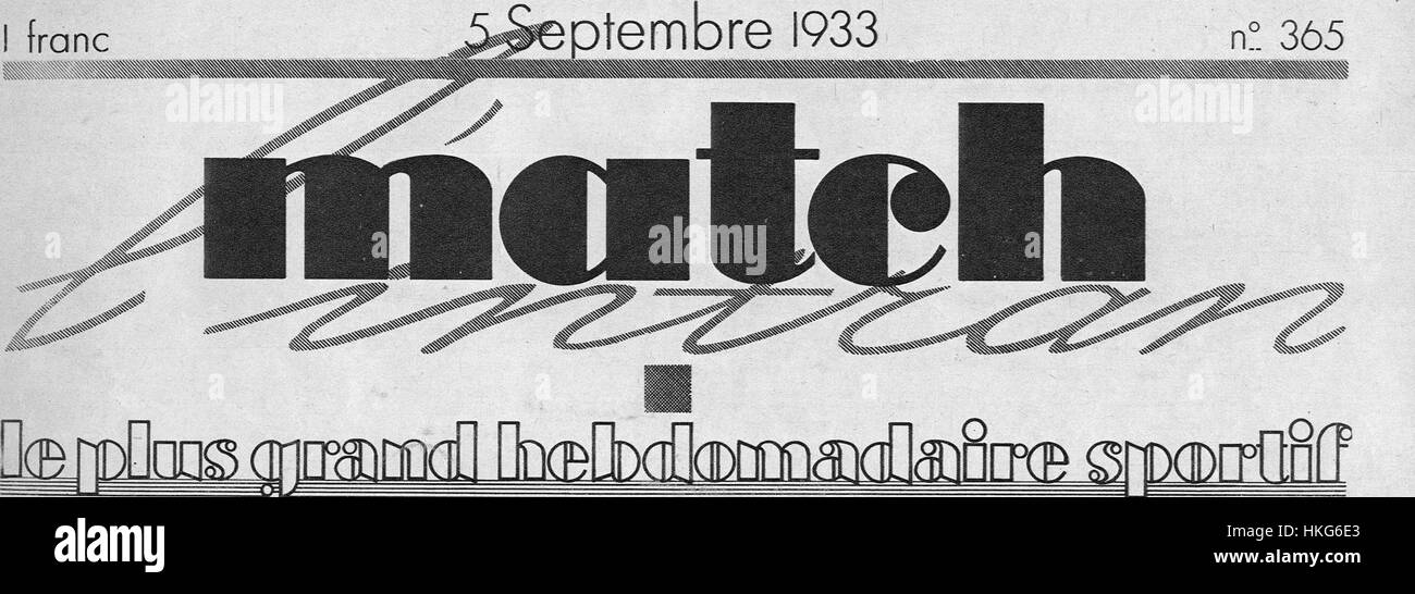 Una copertina francese matchbook del 1933 di l'Intran, un famoso giornale sportivo francese. Il matchbook presenta elementi di design vintage e promuove eventi sportivi del tempo, fungendo da pezzo da collezione della storia dello sport. Foto Stock