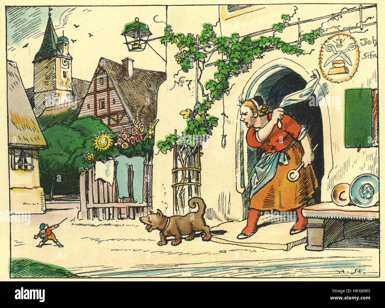 L'illustrazione "le voyage du petit poucet" (il viaggio del piccolo pollice) di Grimm raffigura una scena della famosa fiaba. Mostra il piccolo pollice che naviga attraverso la foresta, evocando l'atmosfera magica e avventurosa della classica fiaba francese, mettendo in risalto l'arte dell'illustrazione narrativa. Foto Stock