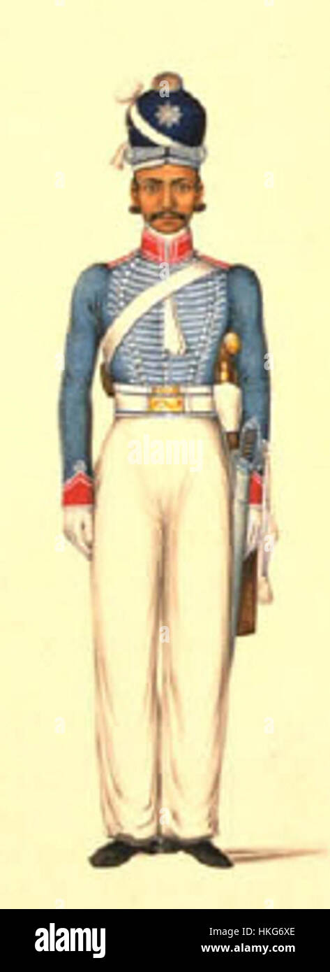 Un'opera d'arte raffigurante la Cavalleria leggera di Madras, un'unità militare chiave nell'India britannica durante il XIX secolo. Il dipinto cattura il ruolo distinto del reggimento nella guerra coloniale. Foto Stock