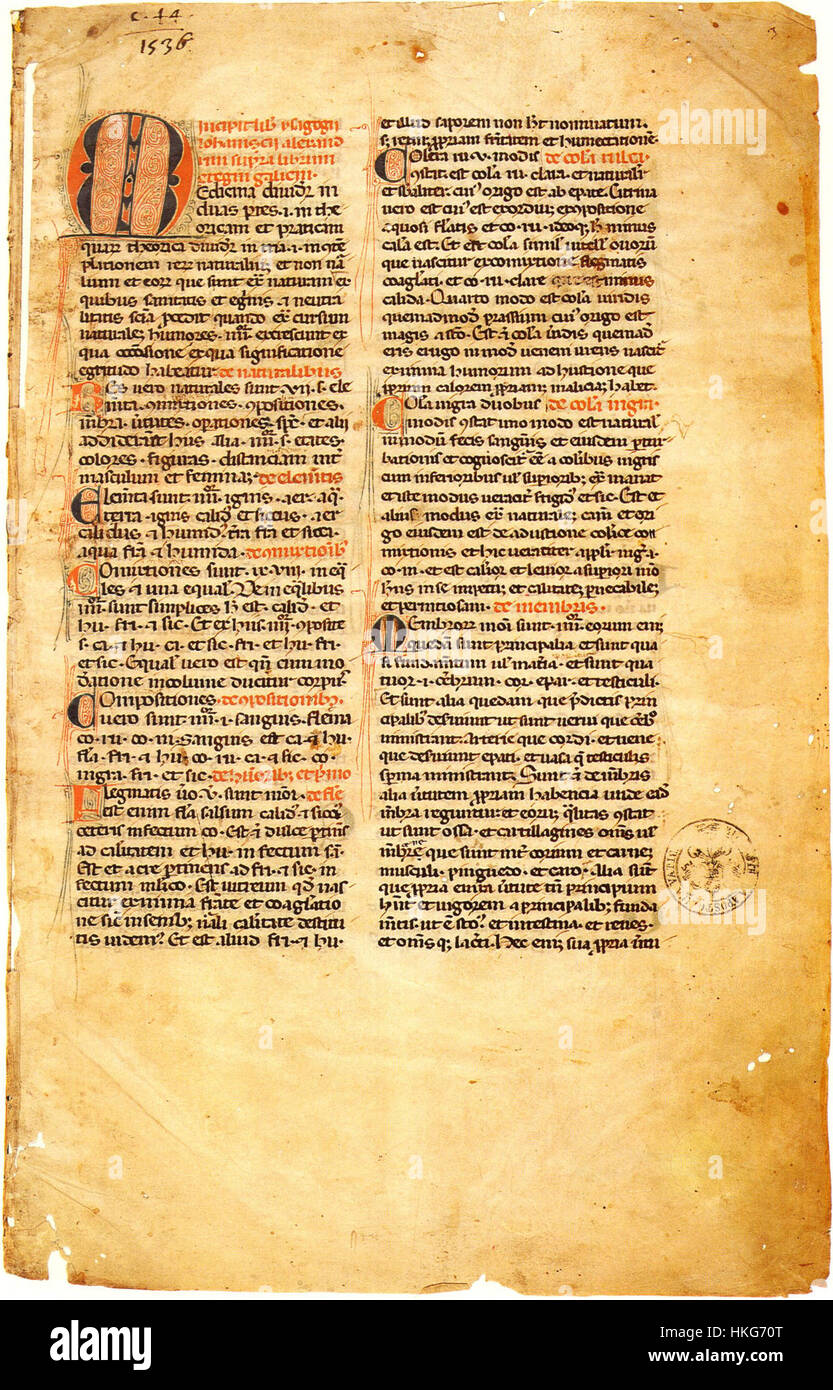 L'articella, un manoscritto conservato nella Biblioteca Vaticana (Vaticanus Palatinus lat. 1102), contiene testi scientifici, che mostrano l'approccio medievale alla conoscenza e all'apprendimento. Questo manoscritto miniato offre una prospettiva storica sulle opere accademiche del tempo. Foto Stock