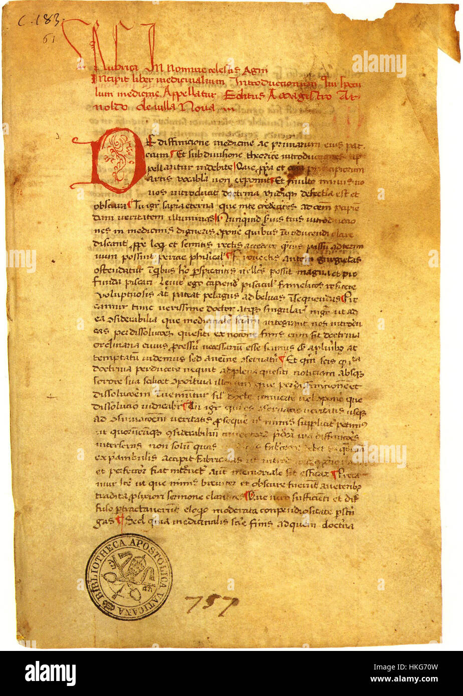 Lo "Speculum Medicinae" di Arnaldus de Villanova, ospitato nella Biblioteca Vaticana, è un manoscritto medievale sulla medicina. Questo lavoro, risalente al 1818, si concentra sulla conoscenza medica del tempo e riflette le teorie mediche medievali. Foto Stock