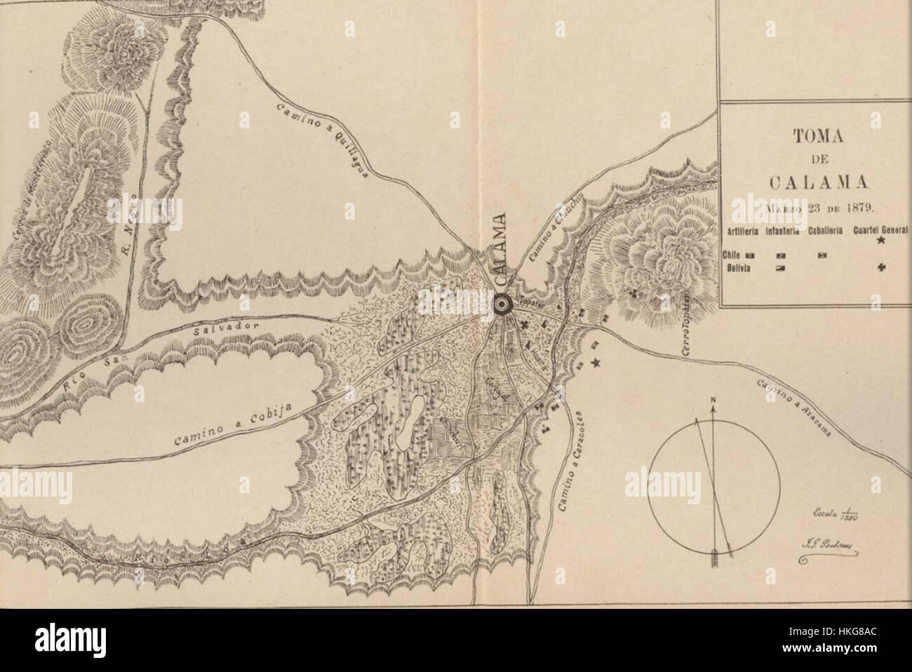 Questa mappa, creata da A. Machuca nel 1879, illustra le caratteristiche geografiche della regione intorno a Calama, in Cile. Fornisce informazioni storiche sul paesaggio e la cartografia dell'area durante la fine del XIX secolo. Foto Stock