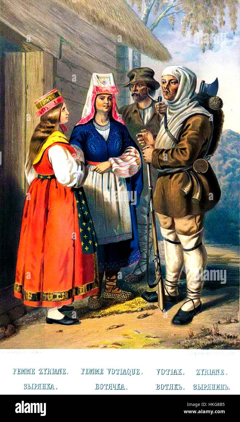 Un'opera storica raffigurante il popolo Komi della Russia nel 1862. Questo pezzo rappresenta le tradizioni culturali ed etniche del popolo Komi, mostrando il loro abbigliamento, stile di vita e stile di vita durante la metà del XIX secolo nella Russia settentrionale. Foto Stock
