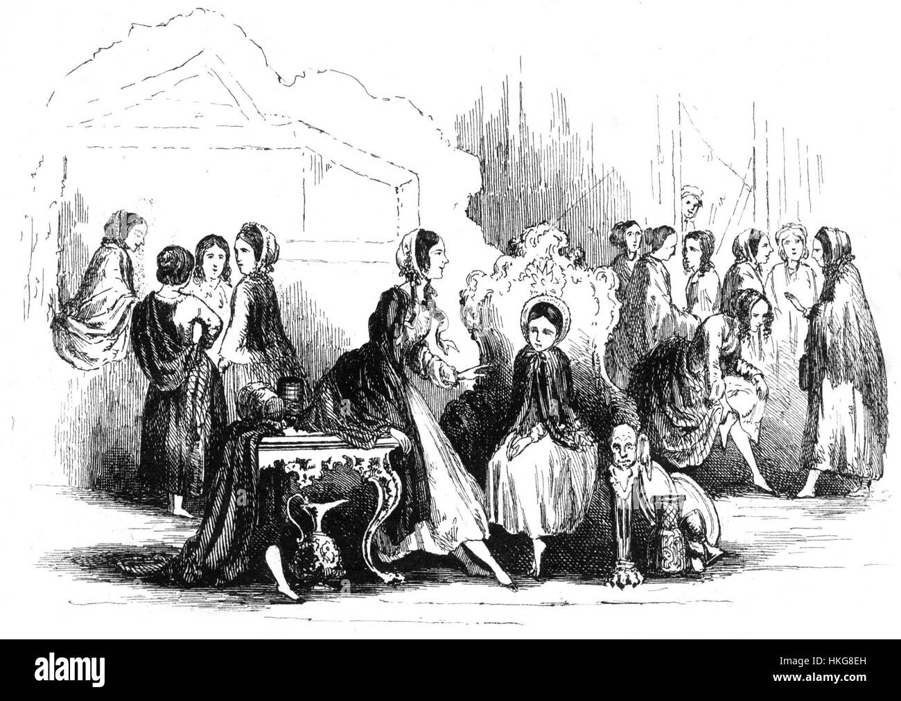 Questa illustrazione è ispirata alla "piccola Dorrit" di Charles Dickens, che mette in evidenza i personaggi Miss Dorrit e Little Dorrit nel loro ambiente vittoriano, catturando temi di classe sociale e difficoltà. Foto Stock