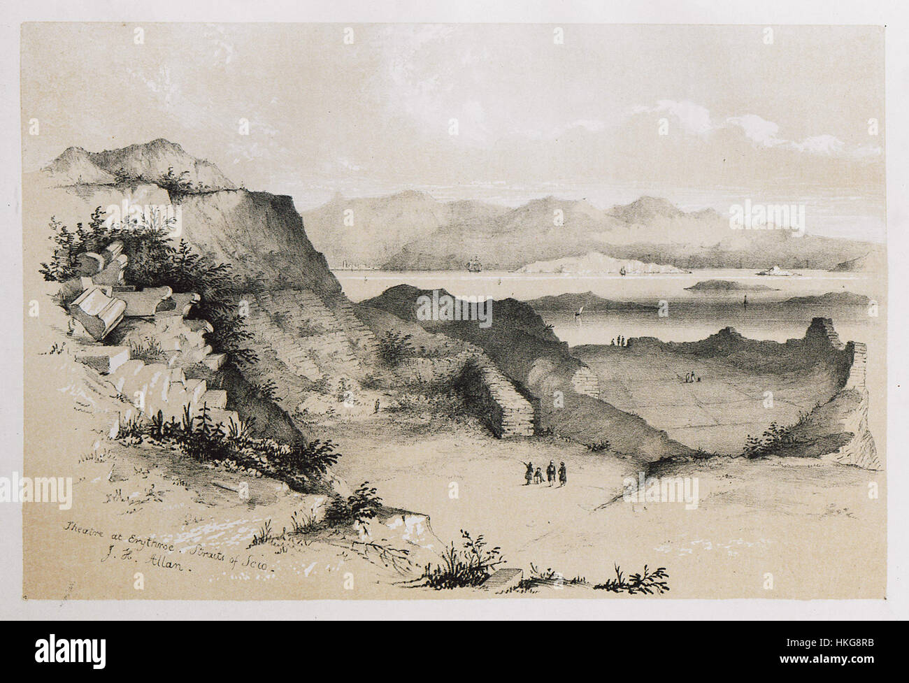 Il dipinto di Allan John H del 1843 "Theatre at Erythroe Straits of Scio" cattura una scena drammatica ambientata nello stretto di Scio. Il dipinto è una rappresentazione storica del paesaggio greco, che riflette le interpretazioni artistiche dell'epoca della geografia mediterranea e del teatro. Foto Stock