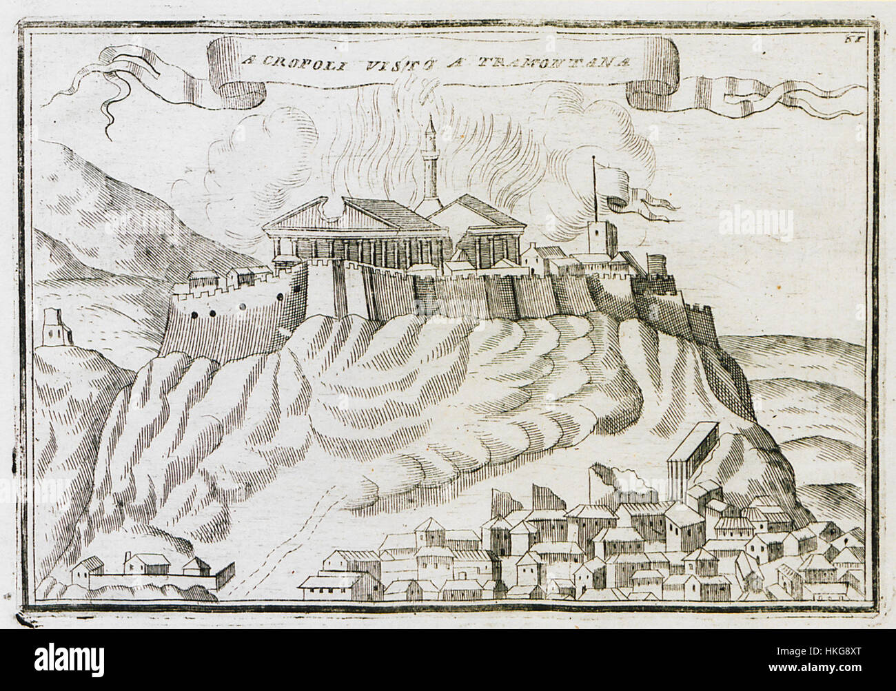 "Acropoli visto a Tramontana" è una rappresentazione del 1708 di Vincenzo Maria Coronelli, che mostra l'Acropoli vista da nord. Questa mappa offre una prospettiva storica sul famoso monumento greco, mescolando la cartografia con la rappresentazione artistica. Foto Stock