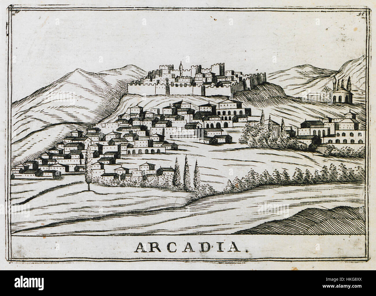 Una mappa di Arcadia di Vincenzo Maria Coronelli, cartografo italiano, creata nel 1708. La mappa rappresenta la regione di Arcadia in Grecia, mostrando il paesaggio geografico e culturale dell'epoca. Foto Stock