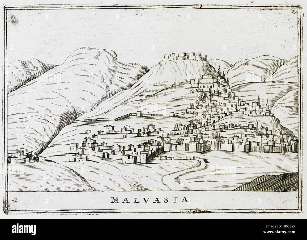 Questa mappa del 1708 di Vincenzo Maria Coronelli, "Malvasia", è un'antica opera cartografica che mostra dettagli geografici. Coronelli, un rinomato cartografo veneziano, è celebrato per la sua dettagliata e artistica creazione di mappe, che rappresentano la geografia del suo tempo. Foto Stock