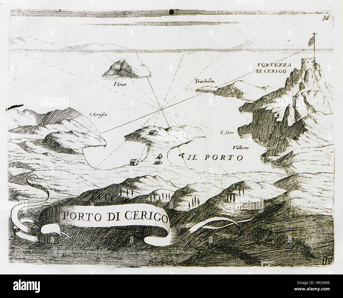 La mappa di Porto di Cerigo del 1708 di Vincenzo Maria Coronelli raffigura il porto dell'isola di Cerigo in Grecia, offrendo una vista dettagliata della costa mediterranea all'inizio del XVIII secolo. Foto Stock