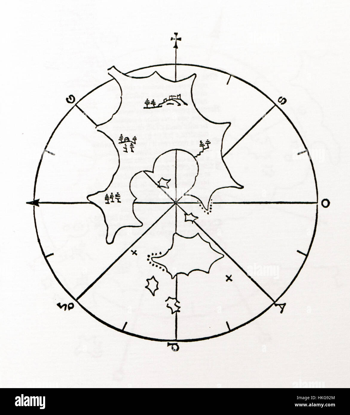 Una mappa del 1485 di Bartolommeo Dalli Sonetti raffigurante l'isola greca di Psara. La mappa, creata alla fine del XV secolo, è un esempio della prima rappresentazione cartografica della regione del Mar Egeo. Foto Stock