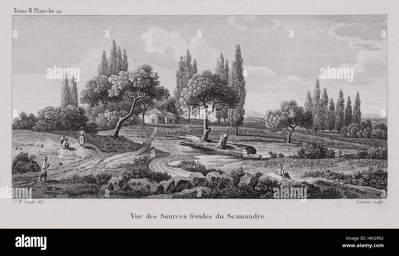 "Vue des Sources froides de Scamandre" di Gabriel Choiseul-Gouffier è un dipinto del 1809 che mostra le sorgenti fredde del leggendario fiume Scamander nell'antica Troia. Il pezzo fonde elementi classici del paesaggio con il romanticismo, catturando la bellezza serena e il significato storico del luogo. Foto Stock "Vue des Sources froides de Scamandre" di Gabriel Choiseul-Gouffier è un dipinto del 1809 che mostra le sorgenti fredde del leggendario fiume Scamander nell'antica Troia. Il pezzo fonde elementi classici del paesaggio con il romanticismo, catturando la bellezza serena e il significato storico del luogo. Foto Stock