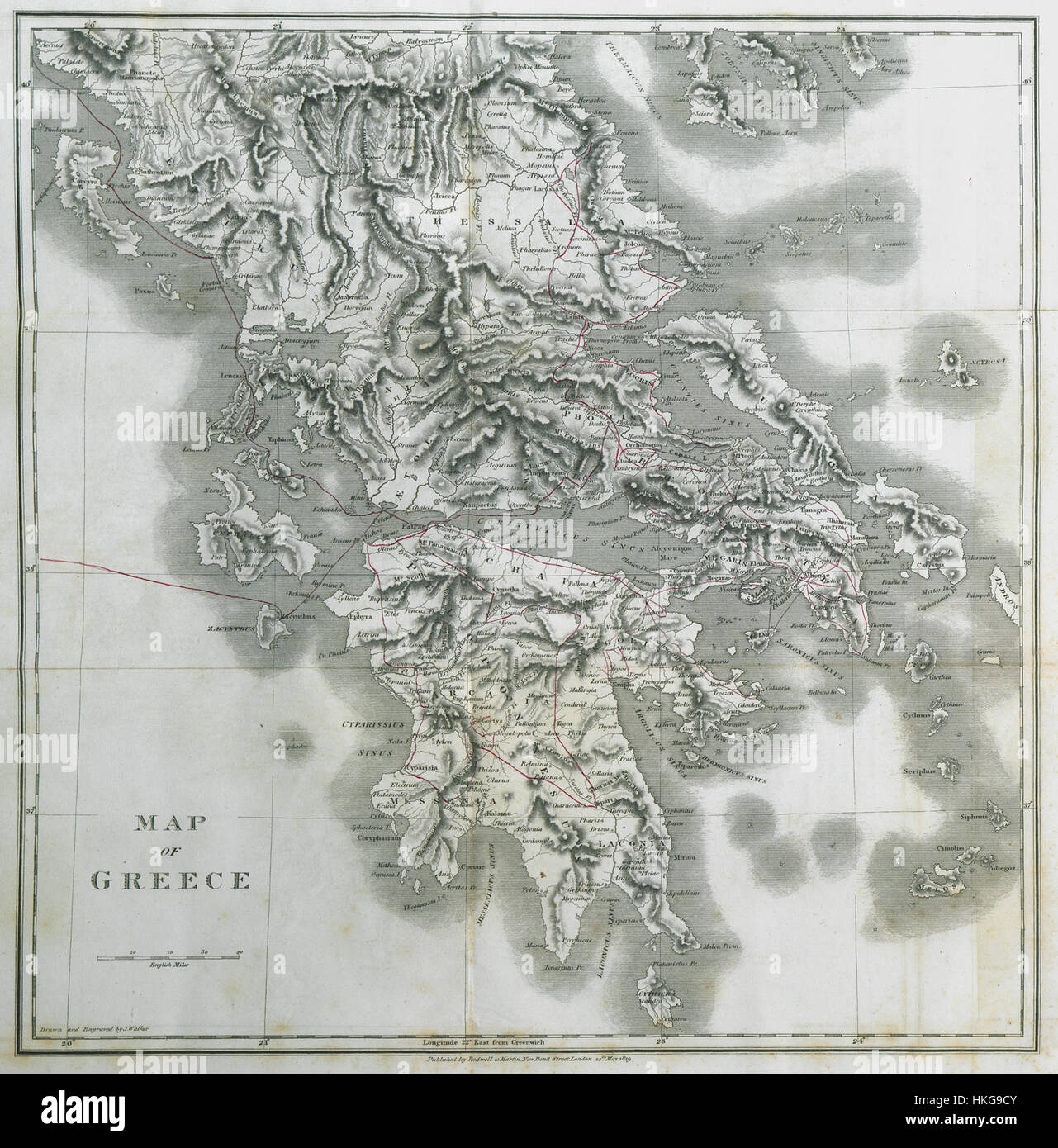 La mappa della Grecia di Edward Dodwell del 1819 è una rappresentazione cartografica dettagliata dei primi anni del XIX secolo. La mappa mostra le caratteristiche geografiche e le principali città della Grecia durante il periodo, fornendo un'idea del paesaggio storico. Foto Stock