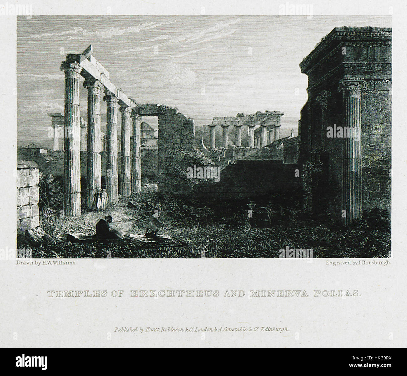 Questo dipinto del 1829 raffigura gli antichi templi di Eretteo e Minerva Polias ad Atene, riflettendo sia l'architettura classica che l'interpretazione dell'artista dei siti religiosi greci antichi. Foto Stock