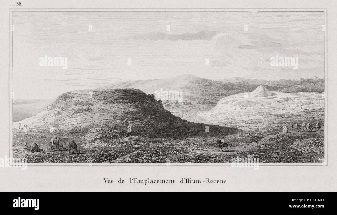 Questo dipinto del 1822 di Gabriel Florent Auguste de Choiseul-Gouffier presenta una vista panoramica della posizione di Ilium (l'antica Troia), catturando il paesaggio storico e archeologico come veniva percepito durante l'inizio del XIX secolo. Foto Stock Questo dipinto del 1822 di Gabriel Florent Auguste de Choiseul-Gouffier presenta una vista panoramica della posizione di Ilium (l'antica Troia), catturando il paesaggio storico e archeologico come veniva percepito durante l'inizio del XIX secolo. Foto Stock