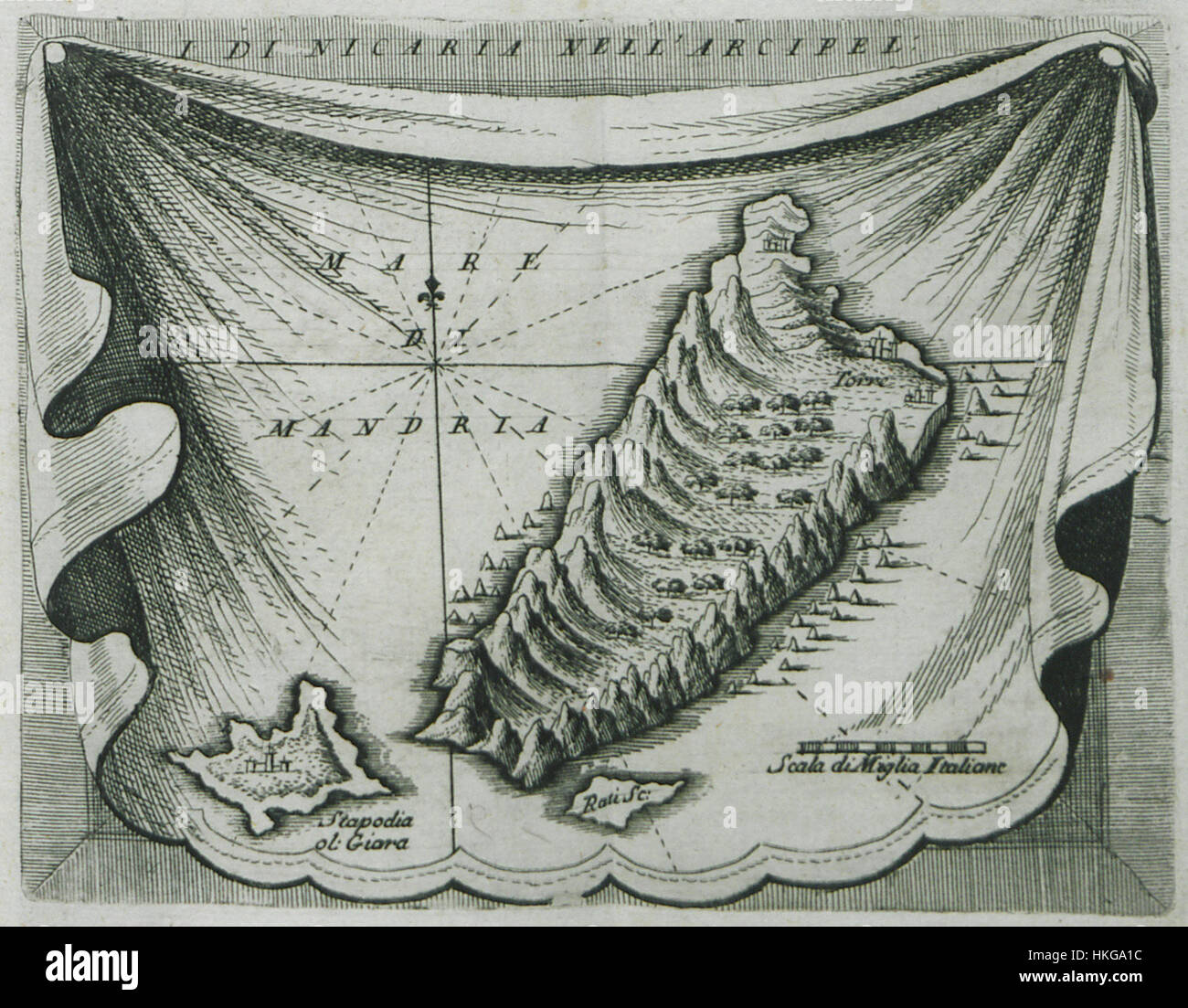 Questa mappa, «Isola di Nicaria», creata nel 1688 da Coronelli e Parissoti, è una rappresentazione dell’isola greca di Icaria. La mappa è un prezioso pezzo di cartografia del XVII secolo, che riflette la comprensione storica della geografia dell'isola. Foto Stock