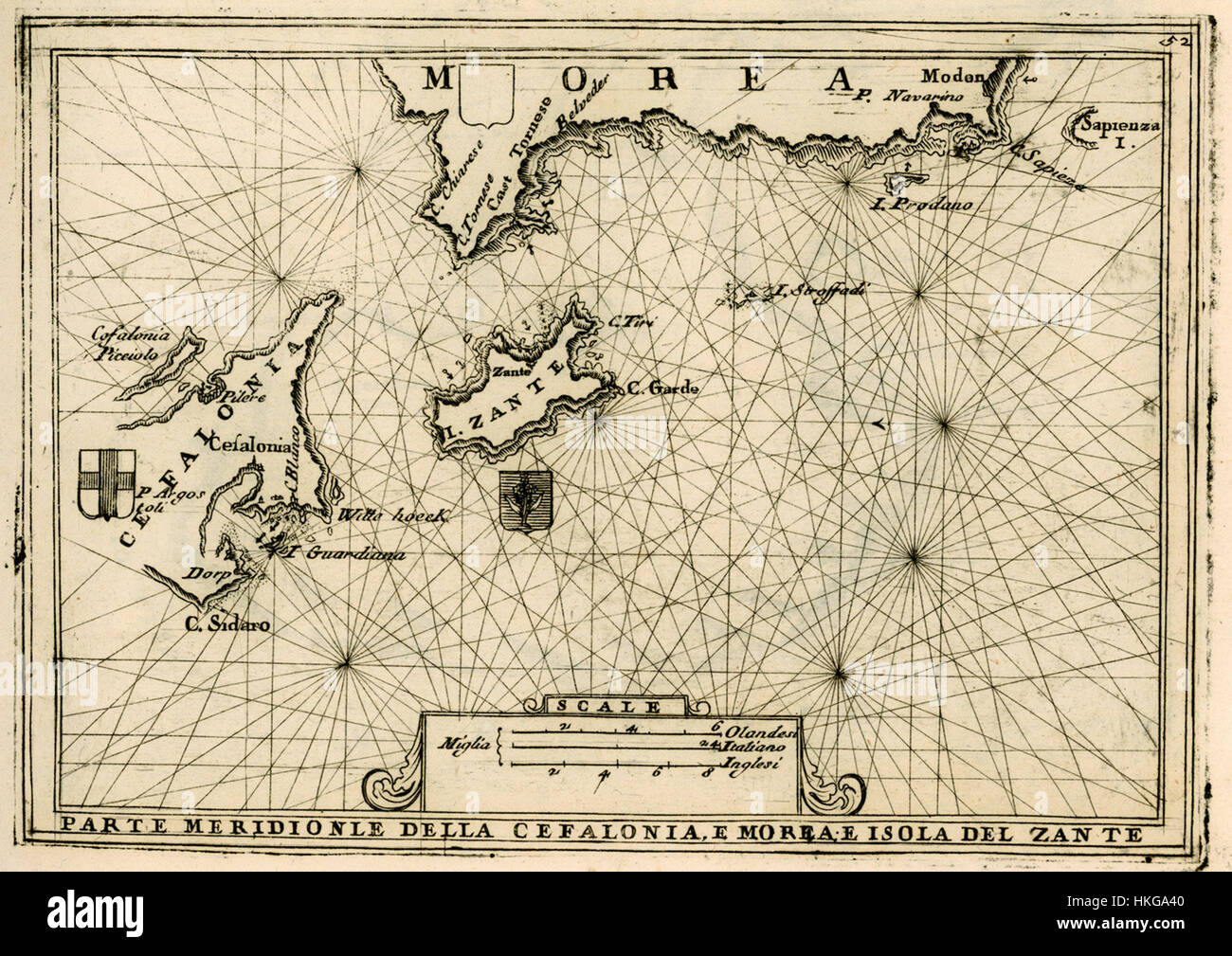 Questa mappa del 1688 di Vincenzo Coronelli mostra la parte meridionale di Cefalonia, Morea e l'isola di Zante. La mappa è un importante manufatto storico, che illustra le caratteristiche geografiche e gli insediamenti della regione durante il XVII secolo. Foto Stock