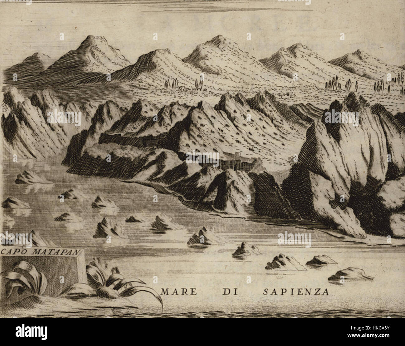 La mappa di Capo Matapan di Vincenzo Coronelli del 1687 mostra il punto più meridionale del Peloponneso in Grecia. Fornisce una vista dettagliata della costa, che riflette l'esplorazione durante la fine del XVII secolo. Foto Stock