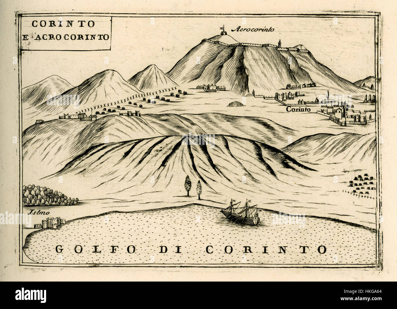 *Corinto e Acrocorinto*, una mappa di Vincenzo Coronelli del 1688, illustra l'antica città greca di Corinto e i suoi dintorni. Questo lavoro mette in evidenza l'abilità di Coronelli nella cartografia e la sua dedizione a rappresentare accuratamente città e regioni storiche del Mediterraneo durante la fine del XVII secolo. Foto Stock