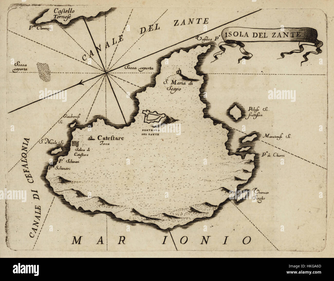 "Isola del Zante" di Vincenzo Coronelli è una mappa del 1687 dell'isola greca di Zante. La mappa è un prezioso manufatto storico, che mostra le caratteristiche geografiche dettagliate dell'isola durante la fine del XVII secolo. Foto Stock