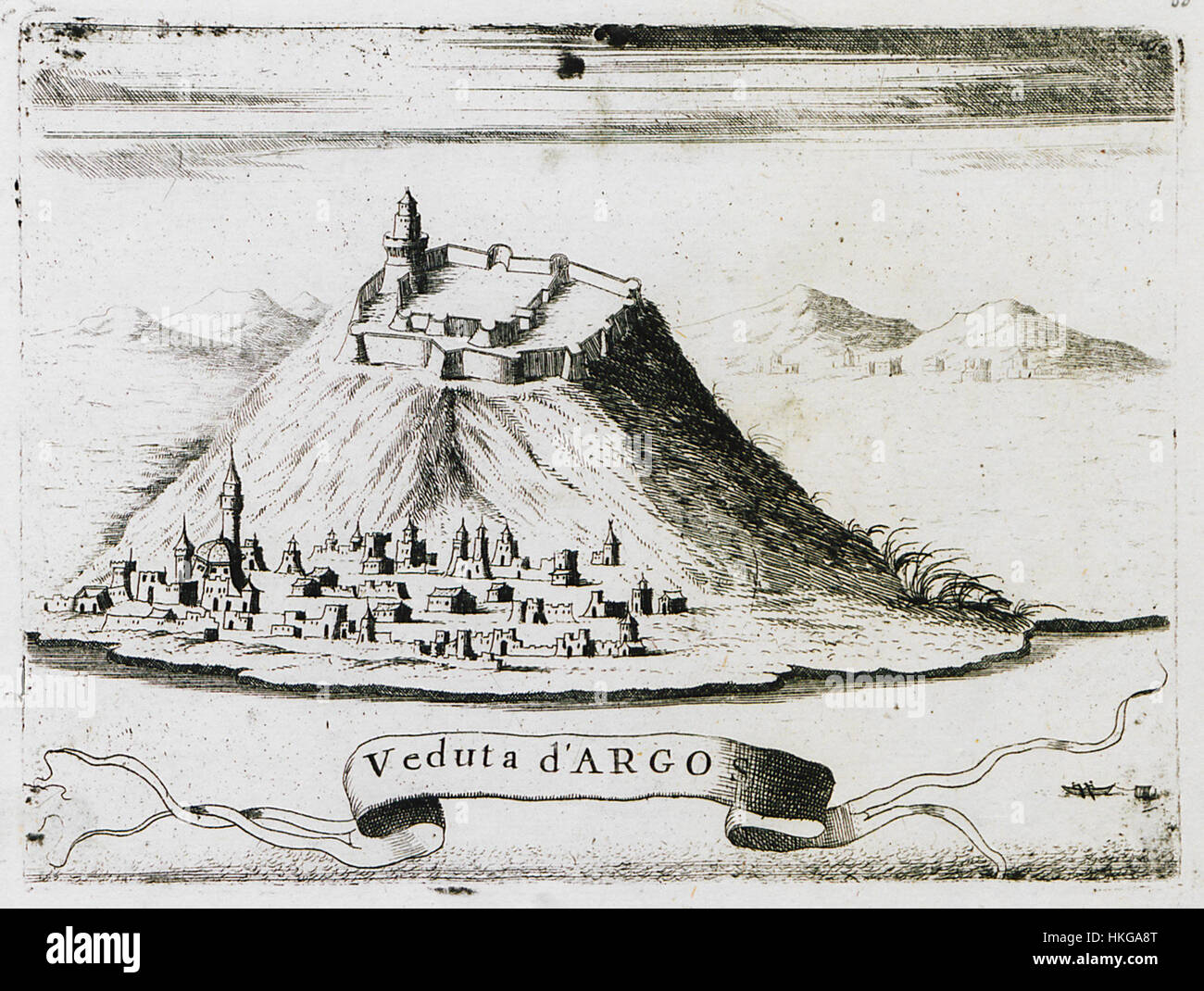 Questa mappa del 1686 di Vincenzo Coronelli fornisce una visione dettagliata della città di Argo in Grecia, riflettendo l'abilità dell'artista nella cartografia e il suo contributo alla comprensione della geografia greca nel XVII secolo. Foto Stock