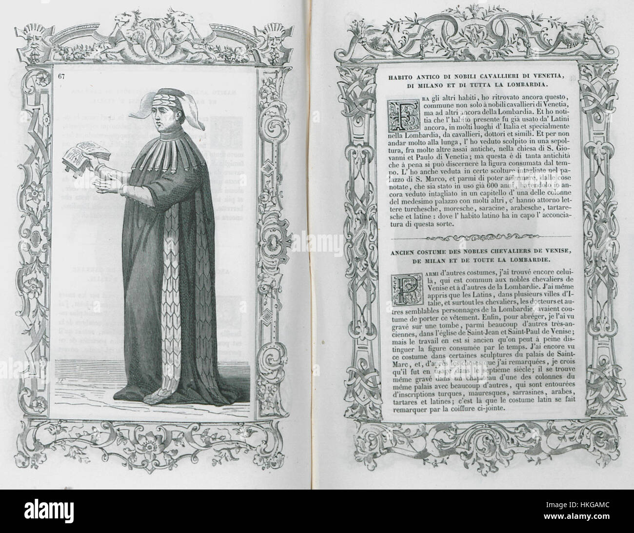 Una rappresentazione storica dell'armatura e dell'abbigliamento tradizionali dei nobili cavalieri di Venezia, Milano e Lombardia, dipinta da Cesare Vecellio nel 1860. L'opera riflette le tradizioni cavalleresche e nobili del Nord Italia. Foto Stock