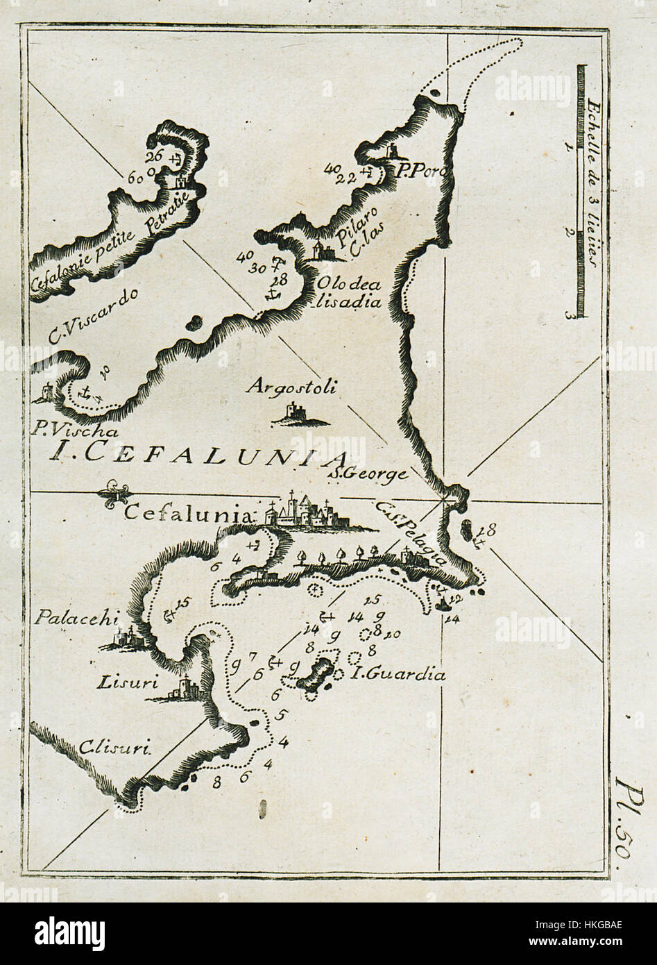 Una mappa storica del 1804 di Joseph Roux, che descrive in dettaglio la baia e il porto di Argostoli sull'isola di Cefalonia in Grecia. Foto Stock