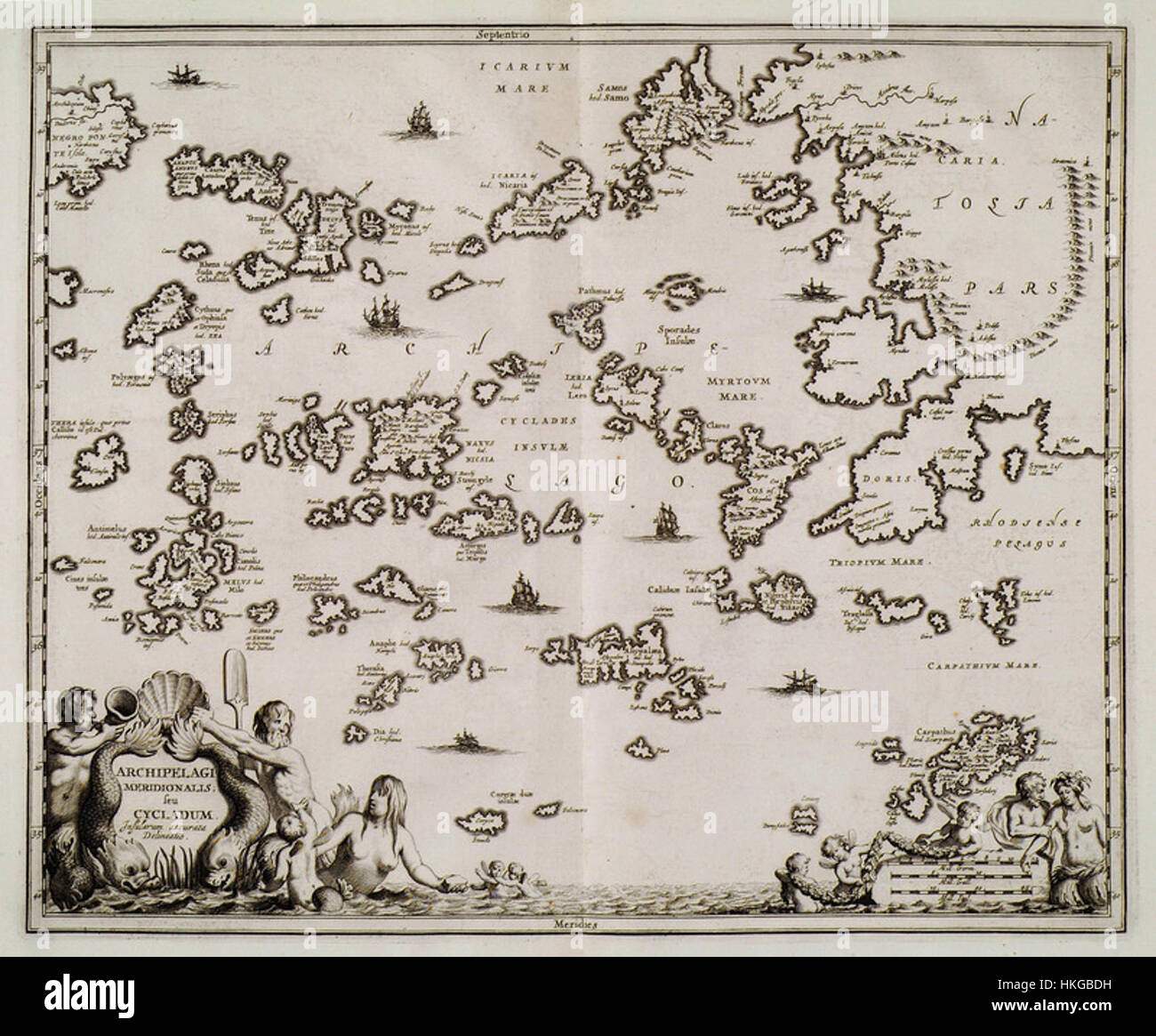 Una mappa dettagliata di Olfert Dapper del 1688, raffigurante l'arcipelago meridionale e le isole Cicladi nel Mar Egeo, che mostra le caratteristiche geografiche della regione. Foto Stock