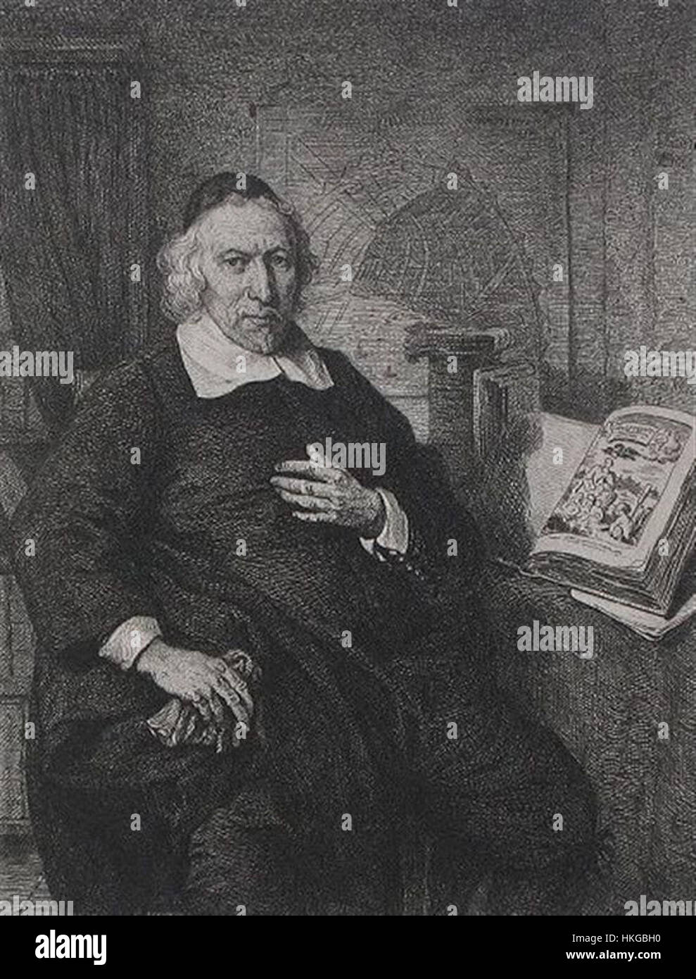 Questo ritratto di Olfert Dapper, creato da un artista sconosciuto, raffigura il geografo e storico olandese del XVII secolo. L'opera riflette i contributi accademici di Dapper alla geografia e alla storia, offrendo una somiglianza della figura intellettuale in uno stile formale e storico. Foto Stock